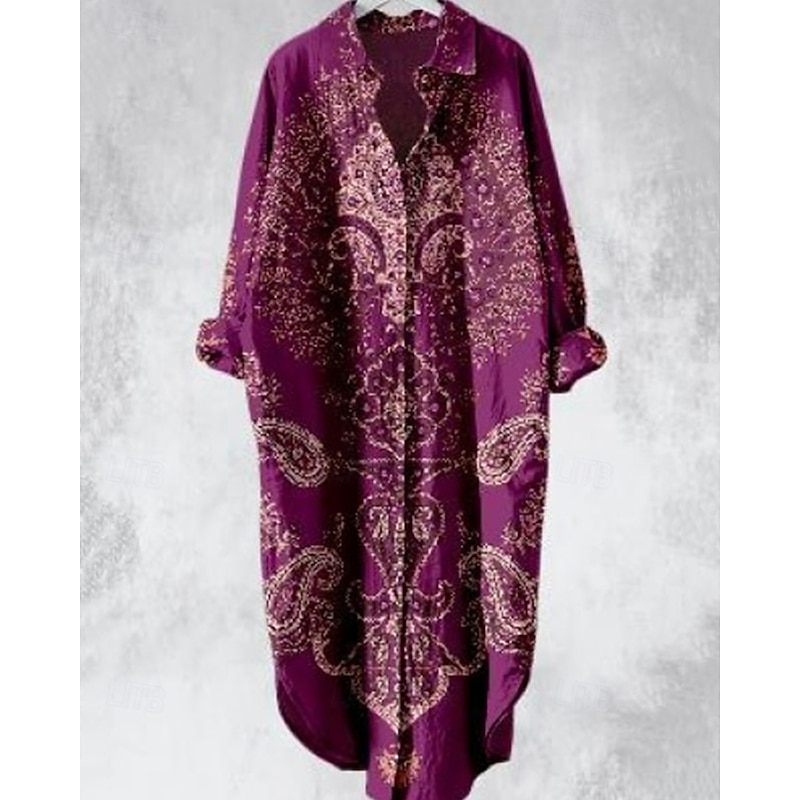 Women's Midi Dress Shirt Dress Casual Dress Boho Dress Fashion Modern Daily Beach Weekend Regular Fit Flower Long Sleeve Shirt Collar Purple Brown Spring Fall2
