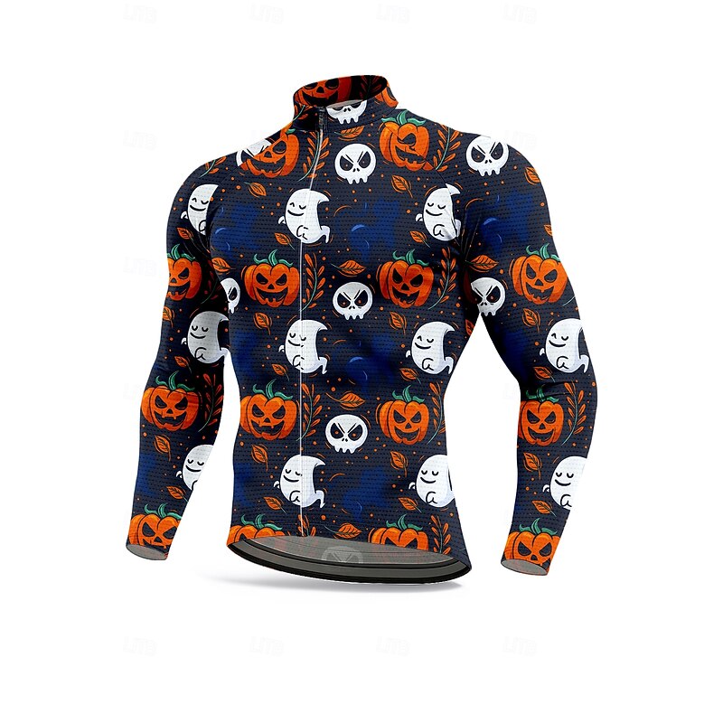 Men's Men Tops Cycling Jersey Graphic Geometric Halloween Long Sleeve Bike Jersey Top with 3 Rear Pockets Sun Sun Protection Sunscreen Quick Dry Sports Orange Clothing Apparel