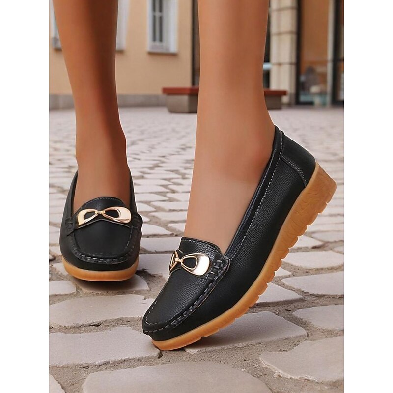 Women's Black Faux Leather Loafers with Gold Buckle – Casual Slip-On Flat Shoes for Daily Wear, Office and Travel