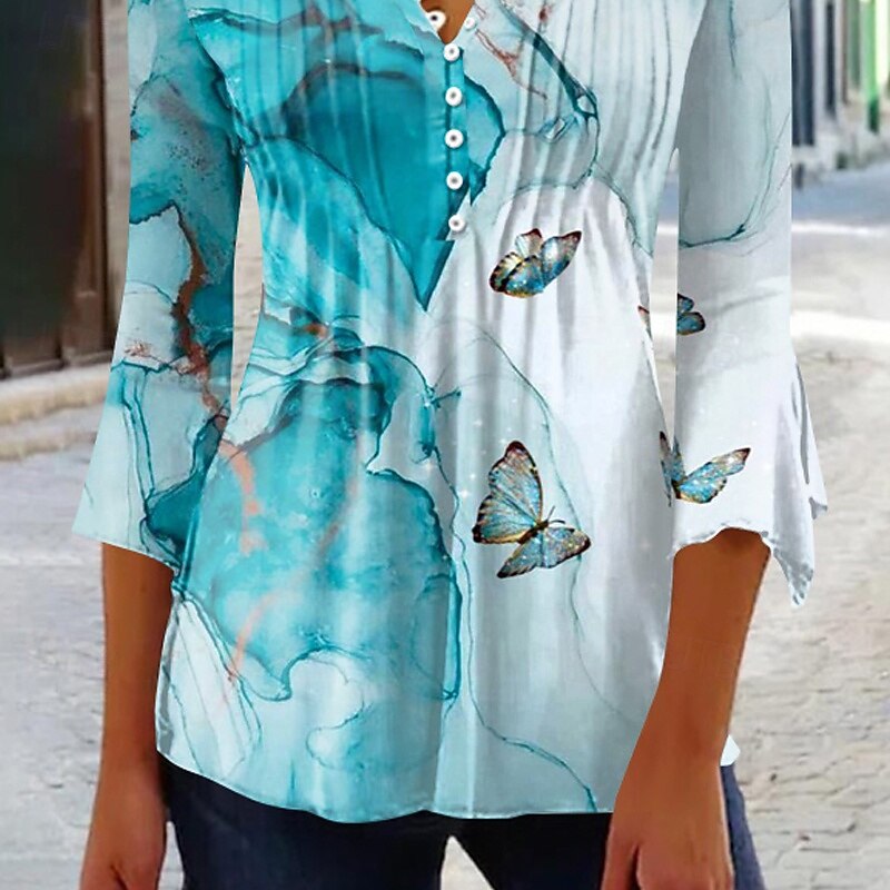 Women's Shirt Blouse Flower Modern Casual 3/4 Length Sleeve V Neck Regular Tops Daily Going out Print Light Blue Fall3