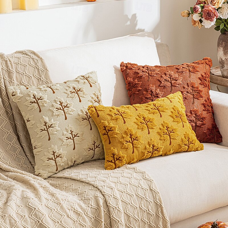 Halloween Autumn Maple Leaf Plush Pillow Cover 3D Embroidered Fall Leaf Decorative Throw Pillowcase for Sofa, Couch, Living Room, Seasonal Home Decor