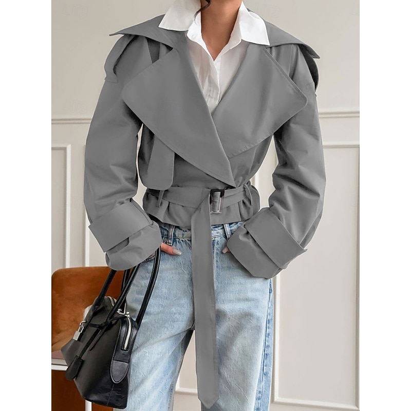 Women's Casual Jacket Trench Coat Comfortable Breathable Lace up Casual Plain Vacation Street Casual Daily Wear Open Front Short Turndown Regular Fit Long Sleeve Outerwear Beige Gray Spring Fall