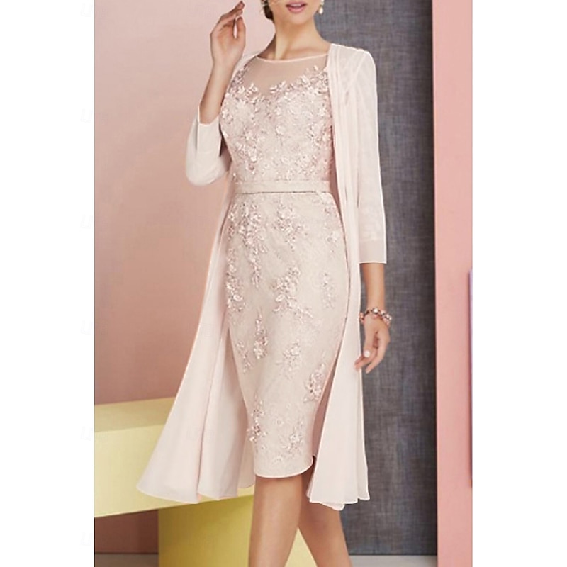 Beach Wedding Two Piece Sheath Mother of the Bride Dress Wedding Guest Church Elegant Vintage Plus Size Bateau Neck Knee Length Chiffon Lace 3/4 Length Sleeve Jacket Dresses with Appliques