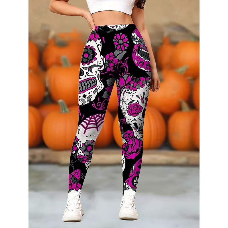 Women's Leggings Vintage Fashion Casual Full Length High WaistPantsHalloween Graphic Skull Halloween Printing Thermal Warm Soft Breathable High Elasticity Outdoor Daily White Red Blue Purple Spring2
