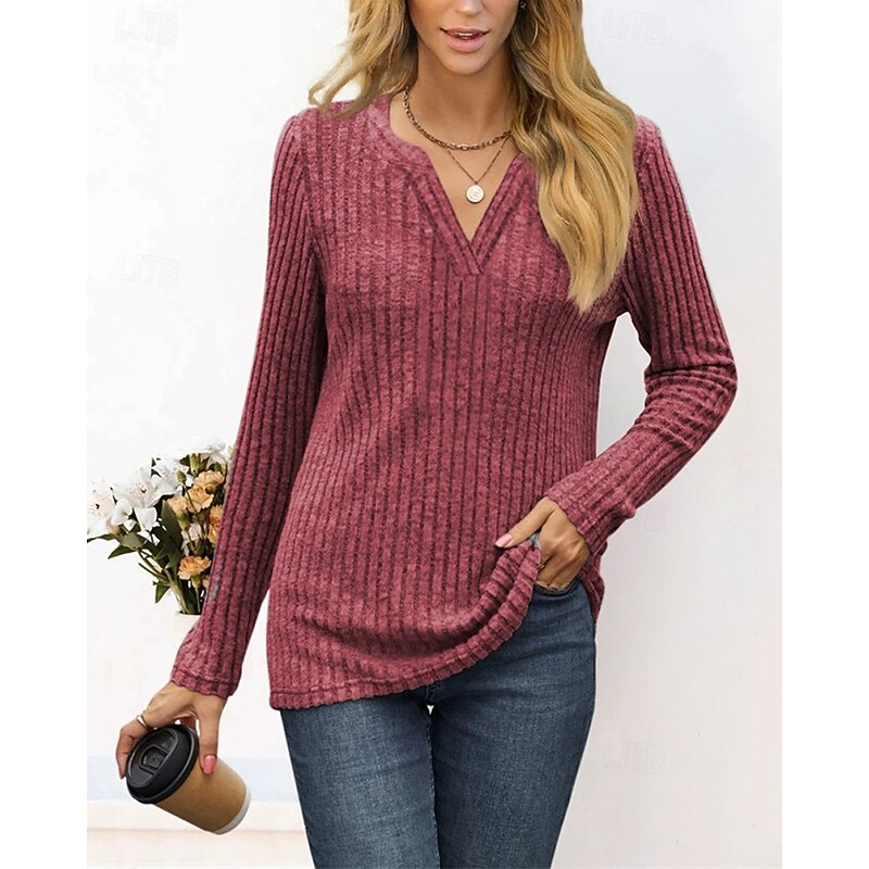Women's Sweater Fashion Solid Color Ribbed V Neck Knitted Long Sleeve Regular Tops Knit Holiday Going out Weekend Black Wine Winter4