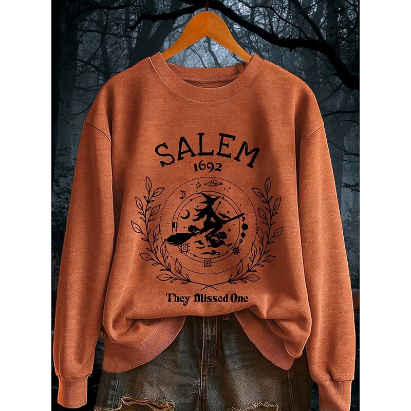 Halloween Women's Pullover Sweatshirt Witch Graphic Letter Fashion Casual Long Sleeve Crew Neck Regular Tops Street Dailywear Casual Print Black Orange Light Grey Fall Winter2