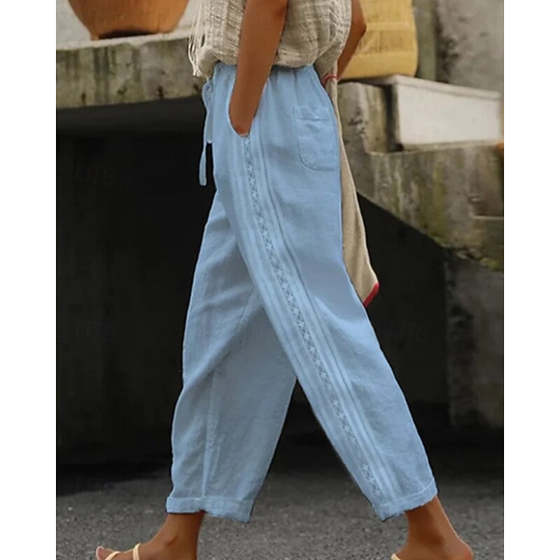 Women's Cotton Linen Pants Slacks Streetwear Casual Full Length Natural Plain Pocket Elastic Drawstring Design Comfortable Street Holiday Daily Wear Light Sky Blue Grey Black White Fall Regular Fit3