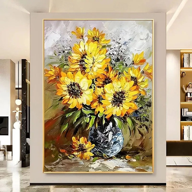Handmade 3D sunflower Oil Painting Vibrant Floral Composition with Rich Color Palette and Impasto Brushstrokes Depicting Sunflower Bouquet for Elegant Home Decor2