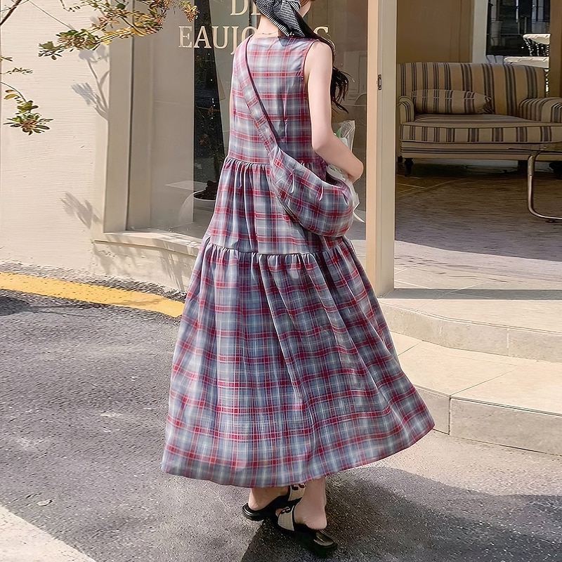 Women's Long Dress Maxi Dress Plaid Dress Classic Daily Regular Fit Plaid Sleeveless Crew Neck Red Summer2