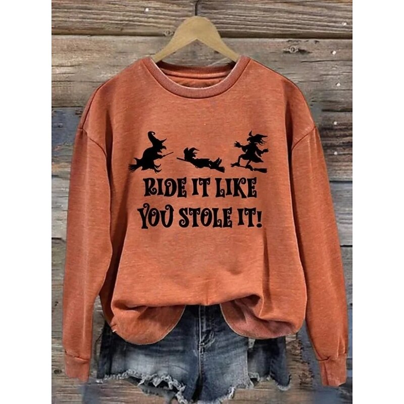 Halloween Women's Pullover Sweatshirt Witch Graphic Fashion Casual Long Sleeve Crew Neck Round Neck Regular Tops Street Dailywear Casual Print Black White Blue Orange Brown Fall Winter Spooky Island