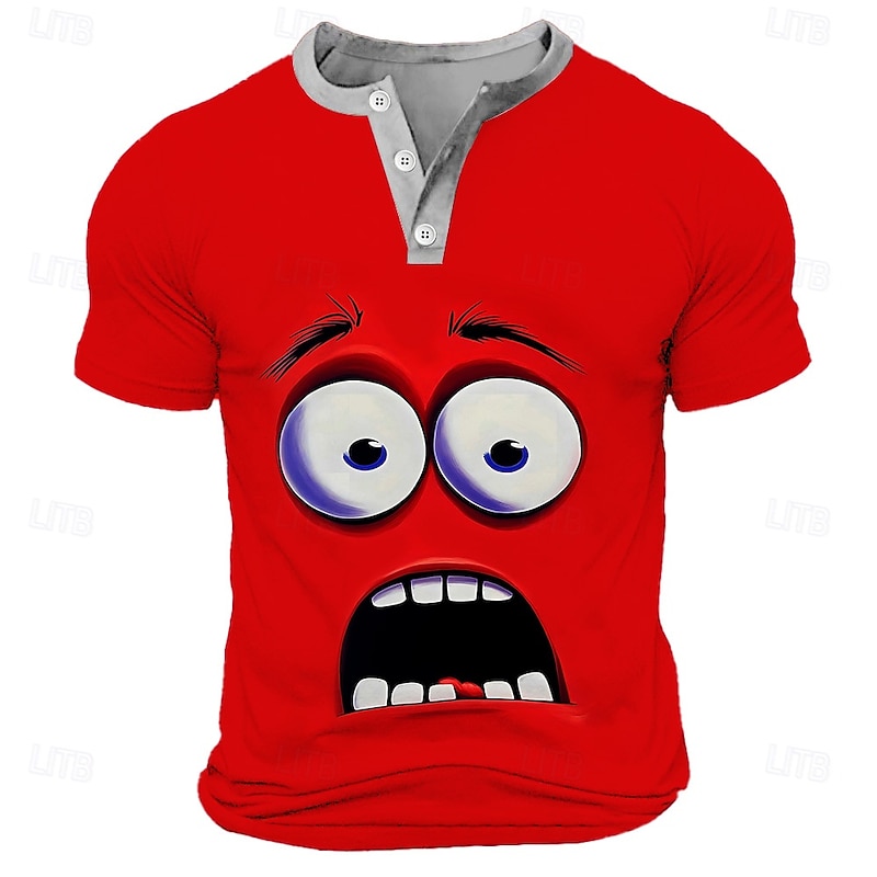 Men's Cartoon Human face T Shirt Henley Shirt Short Sleeve Designer Retro Vintage Casual Street Casual Daily Summer Spring Yellow Green Red Blue Purple Henley Henley T-Shirt