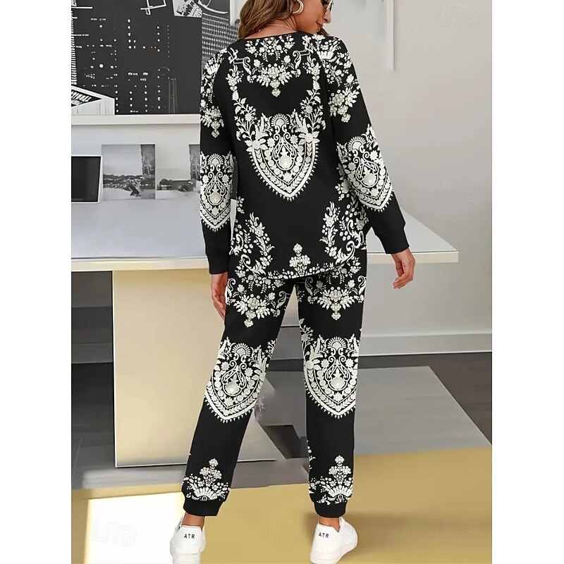 Women's Warm Bohemia Active Tracksuit Pants Sets Sweatshirt Long Sleeve Crew Neck Graphic Geometric Striped Drawstring Print Sports Outdoor Casual Daily Black Brown Fall & Winter Regular Fit4