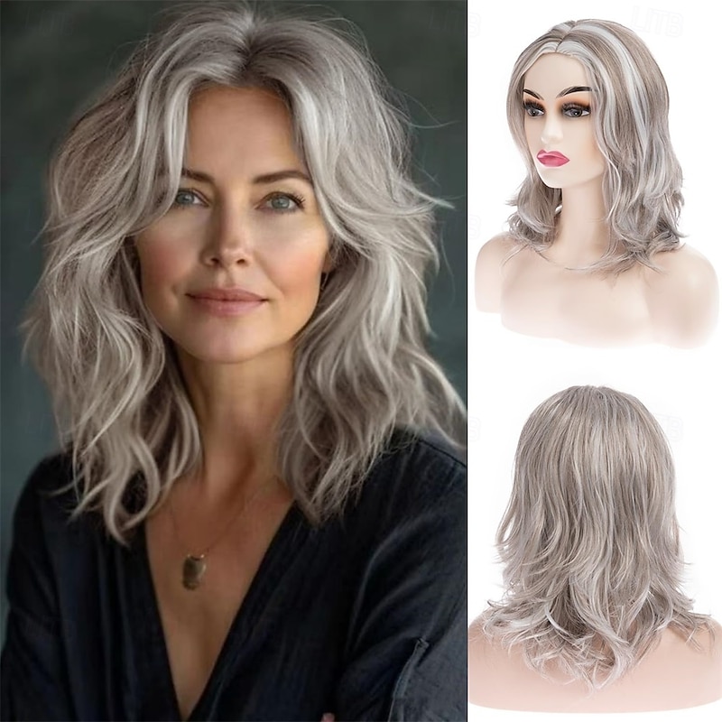 Women’s Silver Grey Long Wavy Wig Natural Looking Realistic Synthetic Hair Heat Resistant Middle Part Elegant Daily Wear Fashion Style