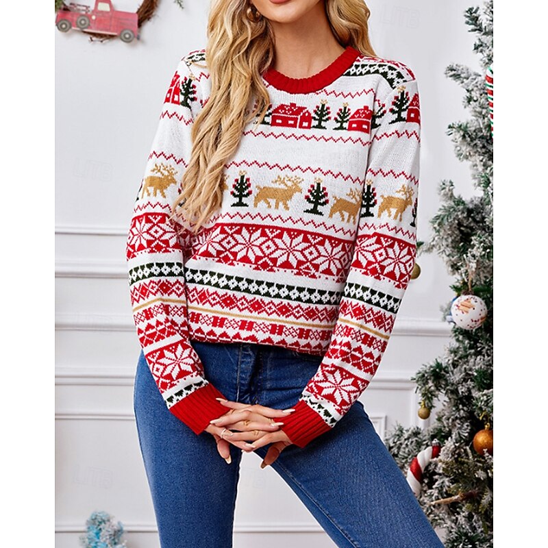 Women's Christmas Sweater Fair Isle Sweater Pullover Casual Elk Christmas Tree Ribbed Crew Neck Knitted Print Long Sleeve Regular Tops Knit Christmas Holiday Weekend Red Beige Winter