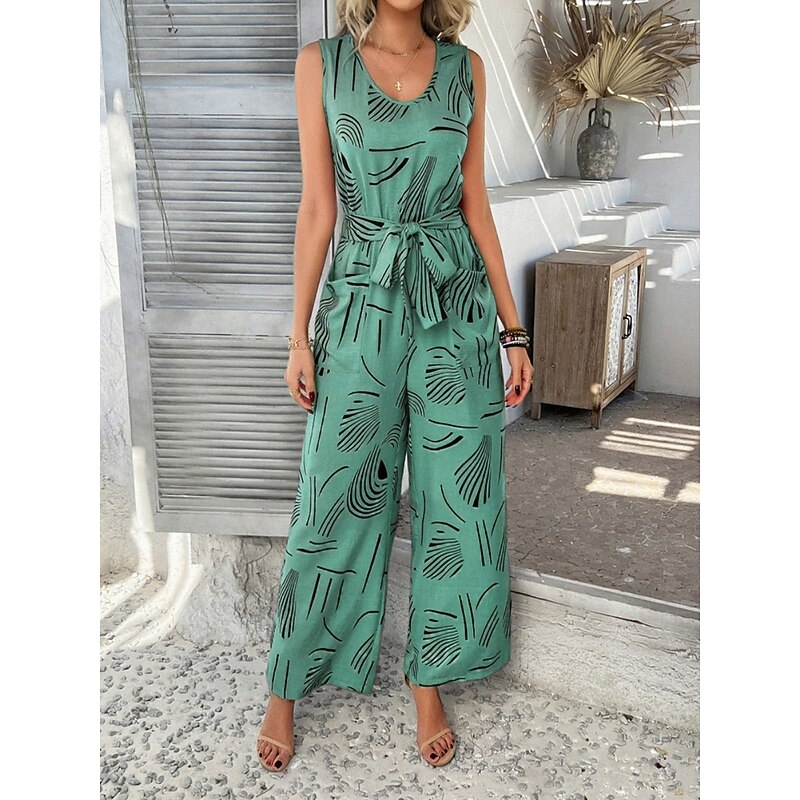 Women's Normal Jumpsuit Active Graphic Sleeveless Wide Leg U Neck High Waist Vacation Daily Regular Fit Black Red Green Summer