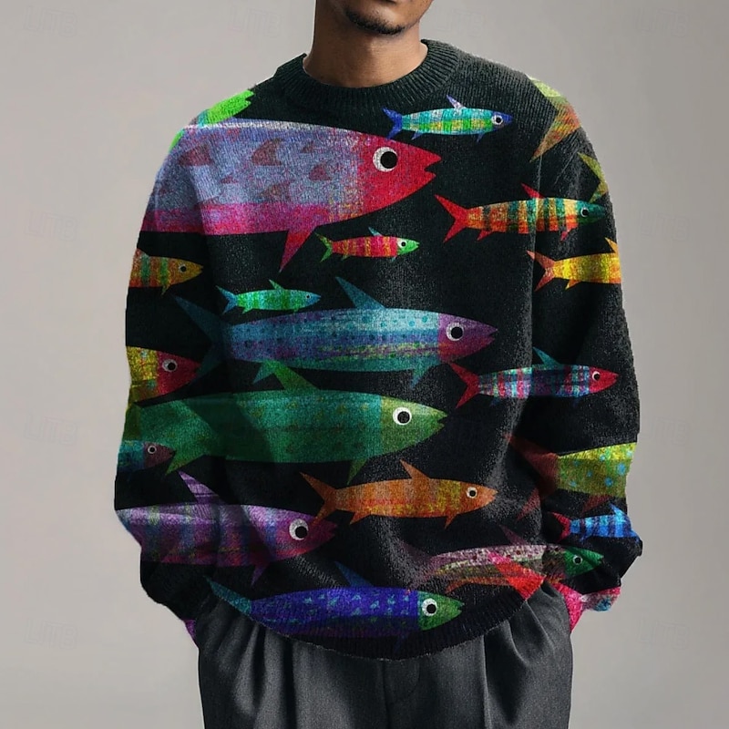 Men's Floral Animal Pullover Sweater Jumper Knitwear Crewneck Casual Vacation Home Daily 3D Print Knitting Keep Warm Long Sleeve Spring Fall Winter Black White Pink - Main Image