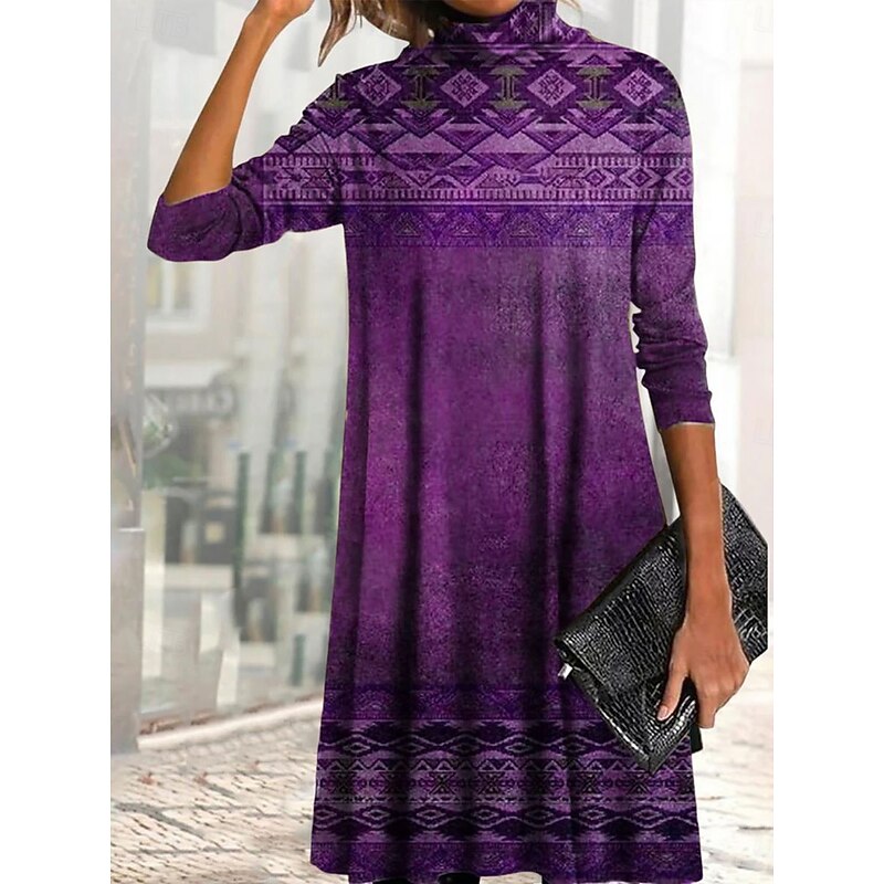 Women's Mini Dress T Shirt Dress Tee Dress A Line Dress Vacation Casual Daily Date Regular Fit Graphic Tribal Long Sleeve High Neck Blue Purple Brown Green Spring Fall Winter4