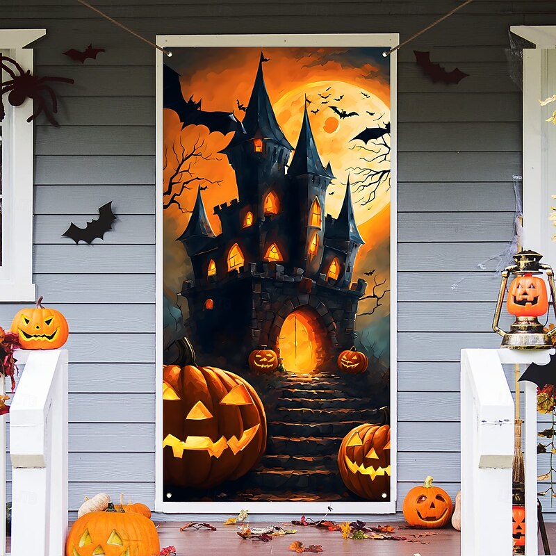 Halloween Door Cover Haunted Castle Pumpkin Lantern Bat Moon Door Tapestry Door Curtain Decoration Backdrop Door Banner for Front Door Farmhouse Holiday Party Indoor Outdoor Decor Supplies