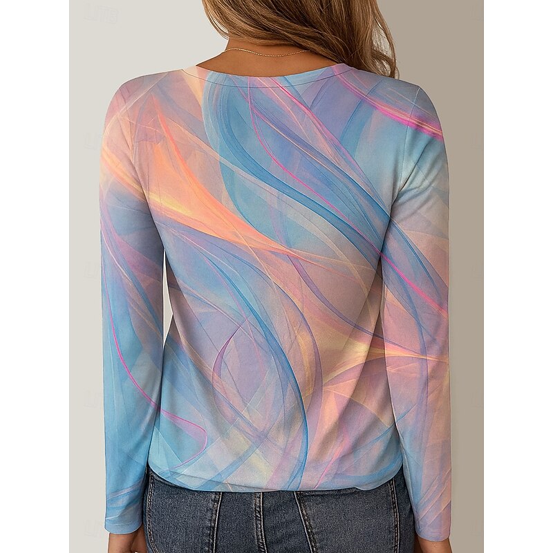 Women's T shirt Crew Neck Long Sleeve Tunic Graphic Geometric Striped Vintage Stylish  Regular Tops Daily Print Purple Orange Green Spring Fall2