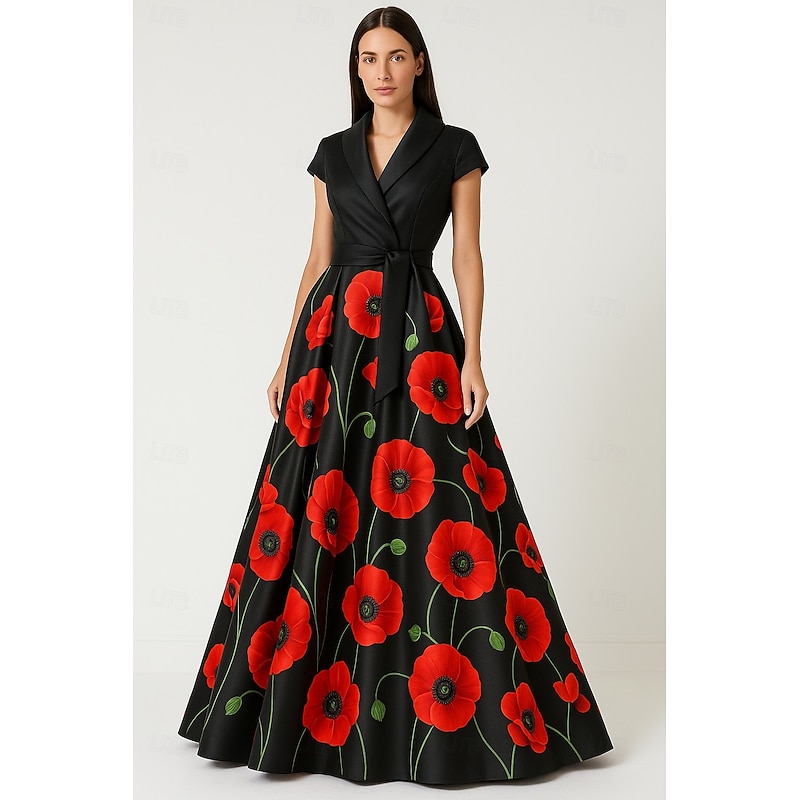 A-Line Evening Gown Elegant Formal Dress Formal Wedding Floor Length Short Sleeve Shirt Collar Pocket Satin with Floral Print Pocket 2025