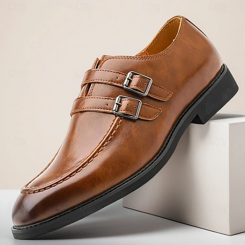 Men's Brown Double Monk Strap Shoes – Sleek Faux Leather Shoes for Business and Semi-Formal Wear