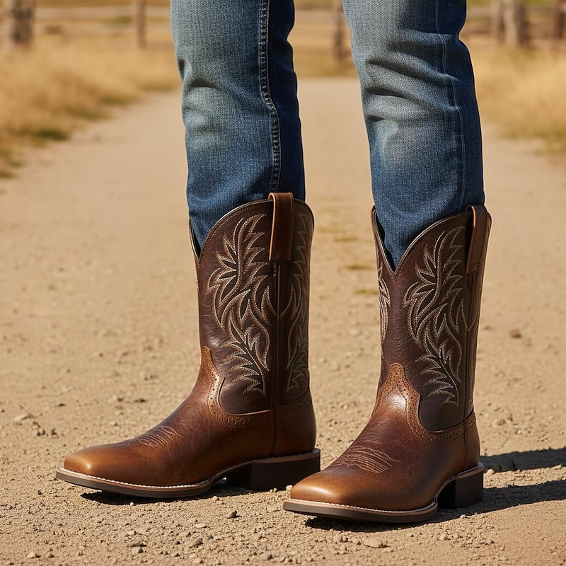 Men's Two-Tone Faux Leather Western Cowboy Boots – Classic Embroidered Design, Durable Construction, Perfect for Riding, Outdoor, and Casual Wear2