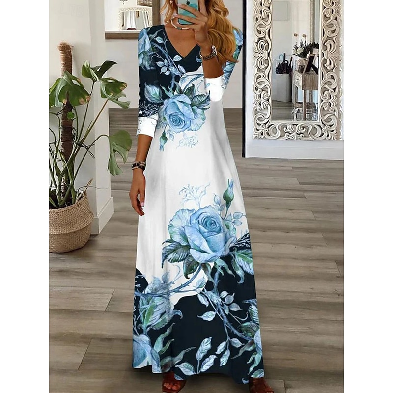Women's Maxi Dress T Shirt Dress Tee Dress A Line Dress Vacation Casual Boho Daily Holiday Date Regular Fit Floral Graphic Long Sleeve V Neck Yellow Red Blue Spring Fall Winter2