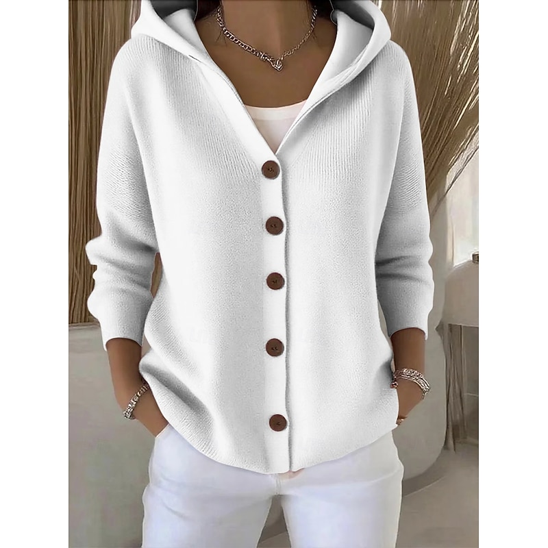 Women's Sweater Cardigan Elegant Fashion Streetwear Pure Color Hooded Knitted Long Sleeve Regular Tops Knit Outdoor Daily Weekend Black White Fall Winter3