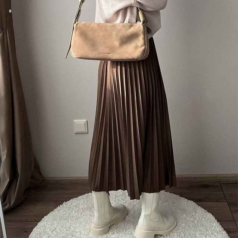 Women's Skirt Swing Fashion Casual Maxi Mid Rise Skirts Plain Pleated Micro-elastic Vacation Street Black Ivory Light Green Pink Spring Polyester4