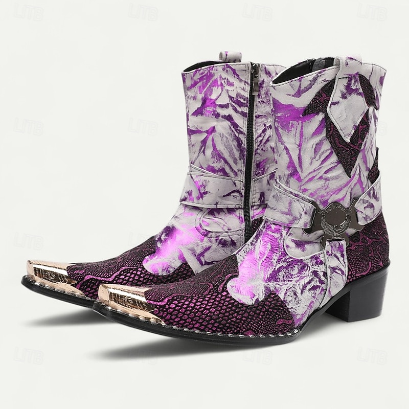 Men's Purple Floral Pointed Toe Ankle Boots – Leather Western Style Party Shoes for Nightlife, Stage Performance and Festivals4