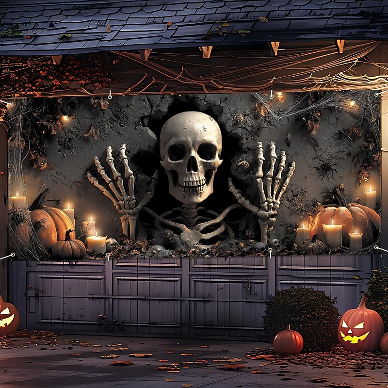 Halloween Garage Door Cover Large Hanging Backdrop Skeleton Grim Reaper Dark Punk Gothic Style Party Outdoor Shooting Backgrounds Yard Haunted House Home Decor2