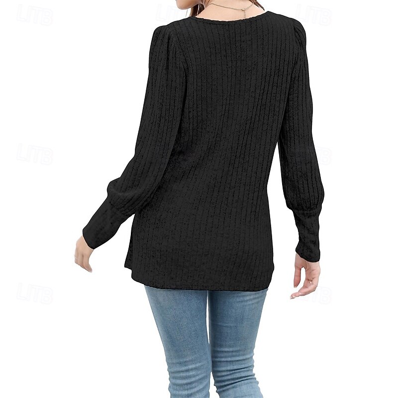 Women's Texture Blouse T Shirt Tee Top Plain Fashion Modern Long Sleeve Square Neck Regular Tops Daily Going out Buttons Maroon Black Red Light Brown Blue Spring Fall4