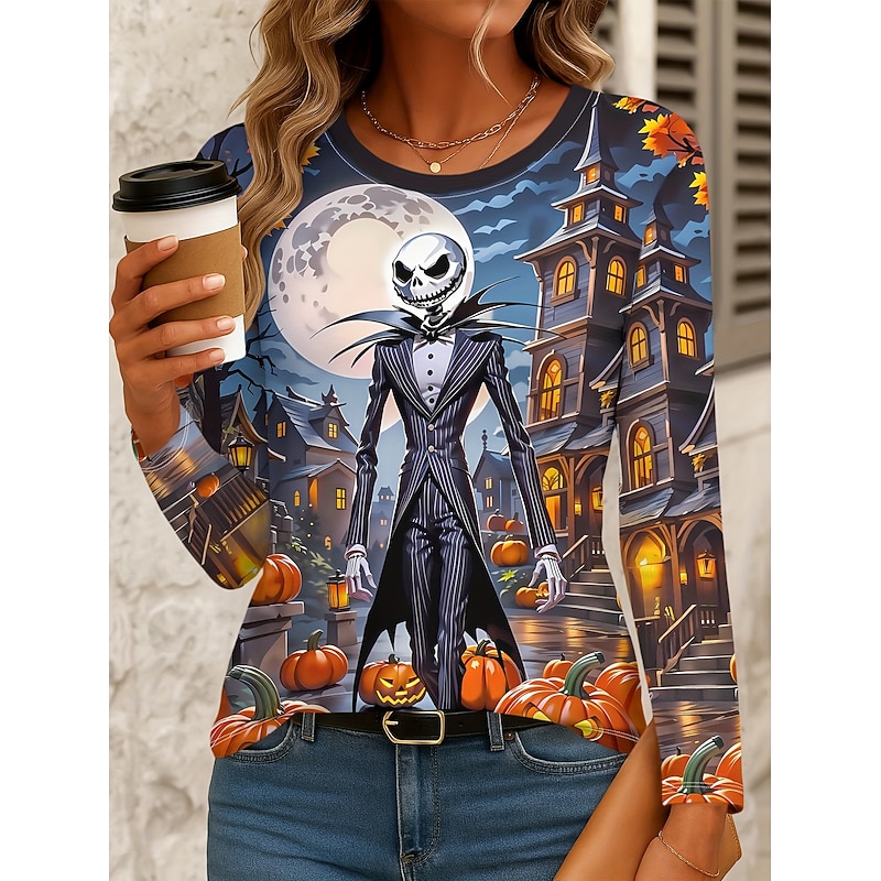 Halloween Women's T Shirt Skulls Graphic Pumpkin Vintage Fashion Stylish Long Sleeve Crew Neck Regular Tops Daily Print Blue Fall Winter