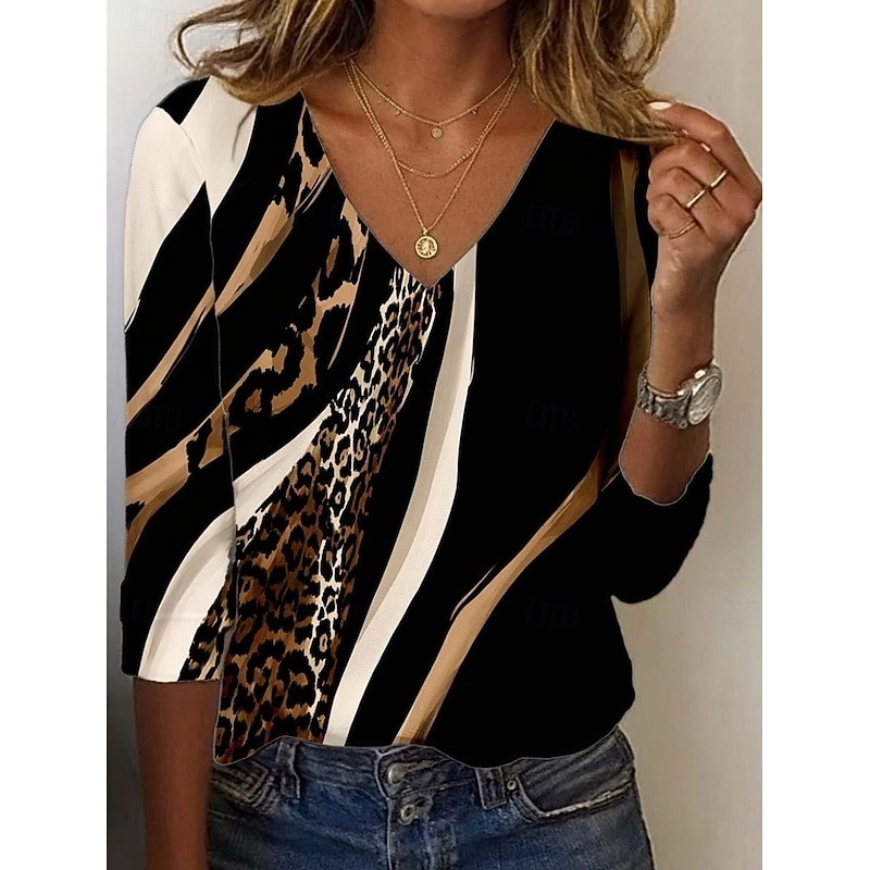 Women's Tunic T Shirt Leopard Color Block Letter Vintage Stylish Casual Long Sleeve V Neck Regular Tops Daily Sports Weekend Print Blue Purple Brown Green Fall