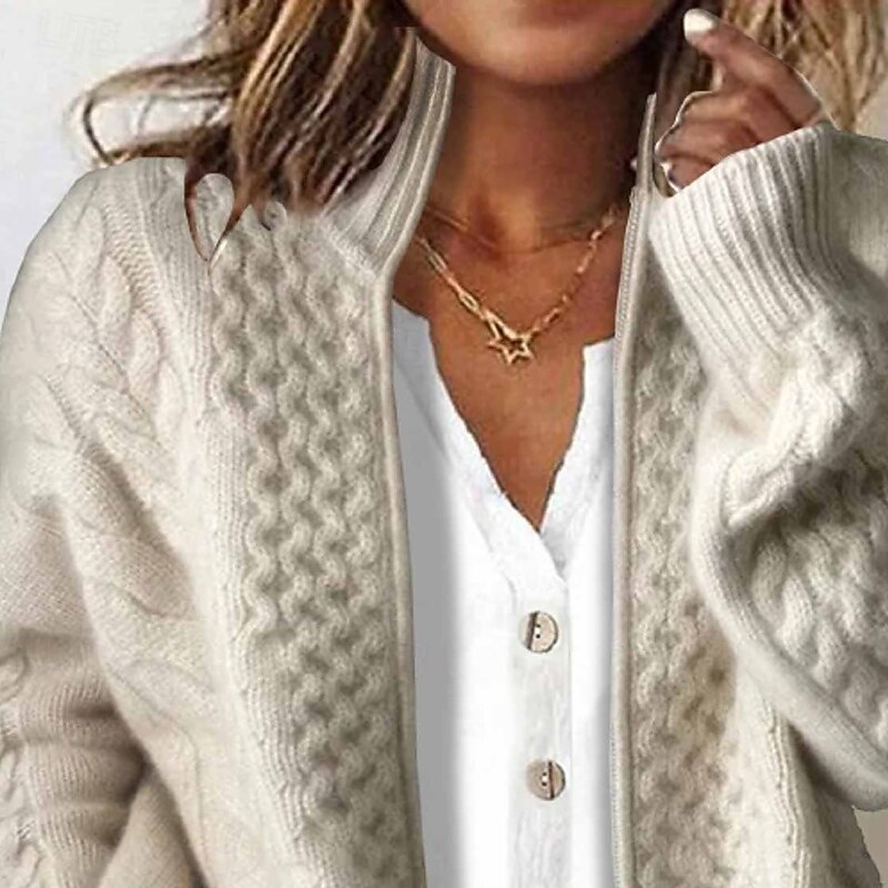 Women's Cardigan Casual Solid Color Cable Turtleneck Zipper Knitted Long Sleeve Regular Tops Knit Holiday Going out Weekend Apricot Fall2