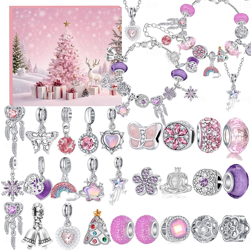 Christmas Advent Calendar Bracelets 2025 for Girls, Pink Style 31 Days DIY Jewelry Making Kit with 27 Charm Accessories, 2 Adjustable Bracelets and 2 Necklaces, Xmas Countdown Gift for Kids Teens Wo