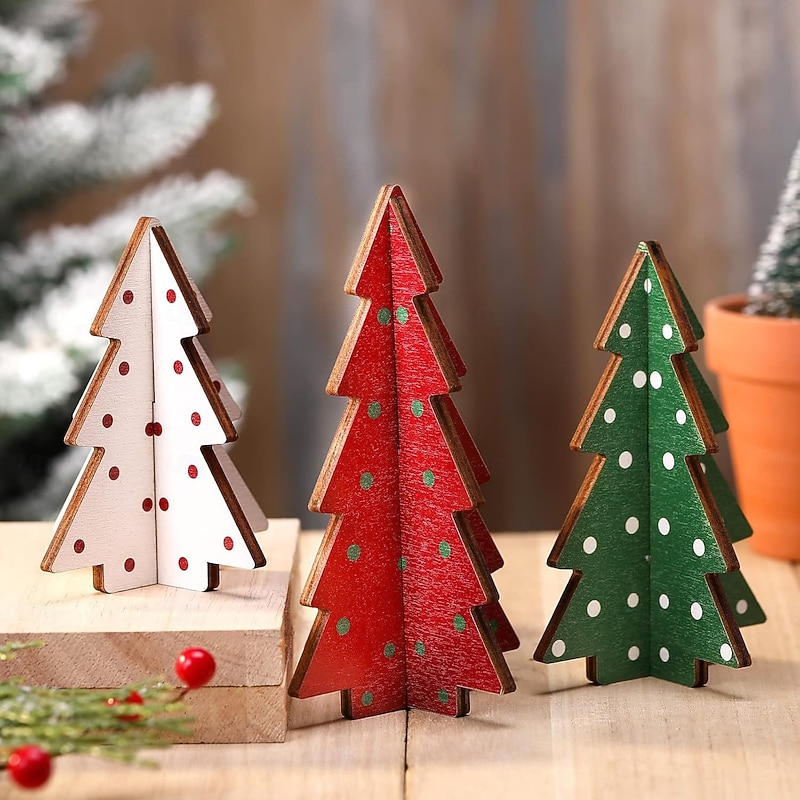 3PCS Wooden Christmas Tree Decorations, Rustic Wood Craft Ornaments for Home, Holiday Tabletop and Party Decor
