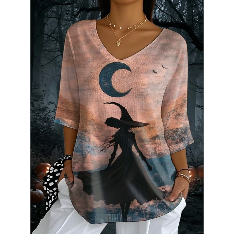 Halloween Women's Boho T-shirt Graphic Animal Cat Elegant Bohemia Vintage Half Sleeve V Neck Regular Tops Daily Going out Weekend Black Pink Purple Orange Brown Summer Spring Fall2