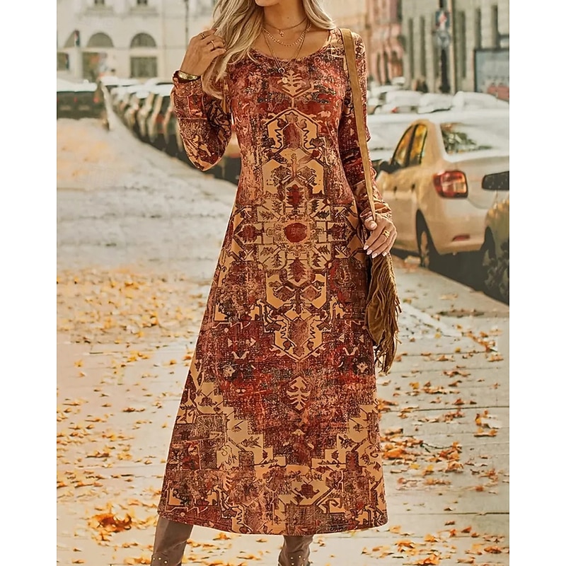 Women's Long Dress Maxi Dress Casual Dress Print Dress Fashion Modern Daily Date Weekend Regular Fit Flower Long Sleeve Crew Neck Brown Spring Fall