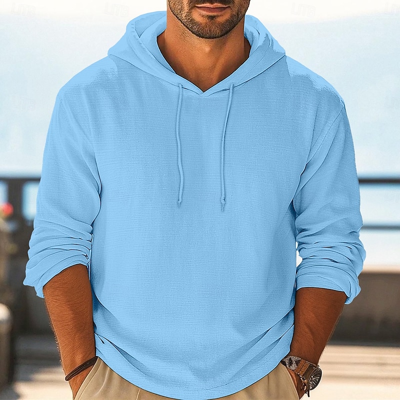 Men's Henley Shirt Tee Linen T-Shirt Long Sleeve Hooded Summer Spring All Seasons Solid Color Plain Fashion Designer Casual Color Block Buttons Outdoor Casual Daily White Pink Burgundy Top Tee for Men3