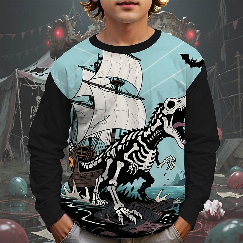 Halloween Boys' 3D Cartoon Skull Ghost T shirt Tee Long Sleeve Spring Fall Fashion Basic Kids 4-12 Years Crew Neck Outdoor Casual Daily Regular Fit2