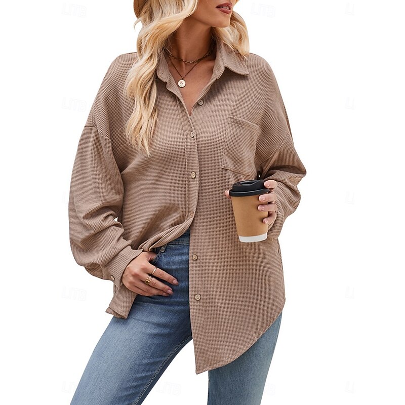 Women's Shirt Solid Color Stylish Casual Long Sleeve Shirt Collar Regular Tops Daily Pocket Buttons Black Khaki Beige Spring Fall Winter