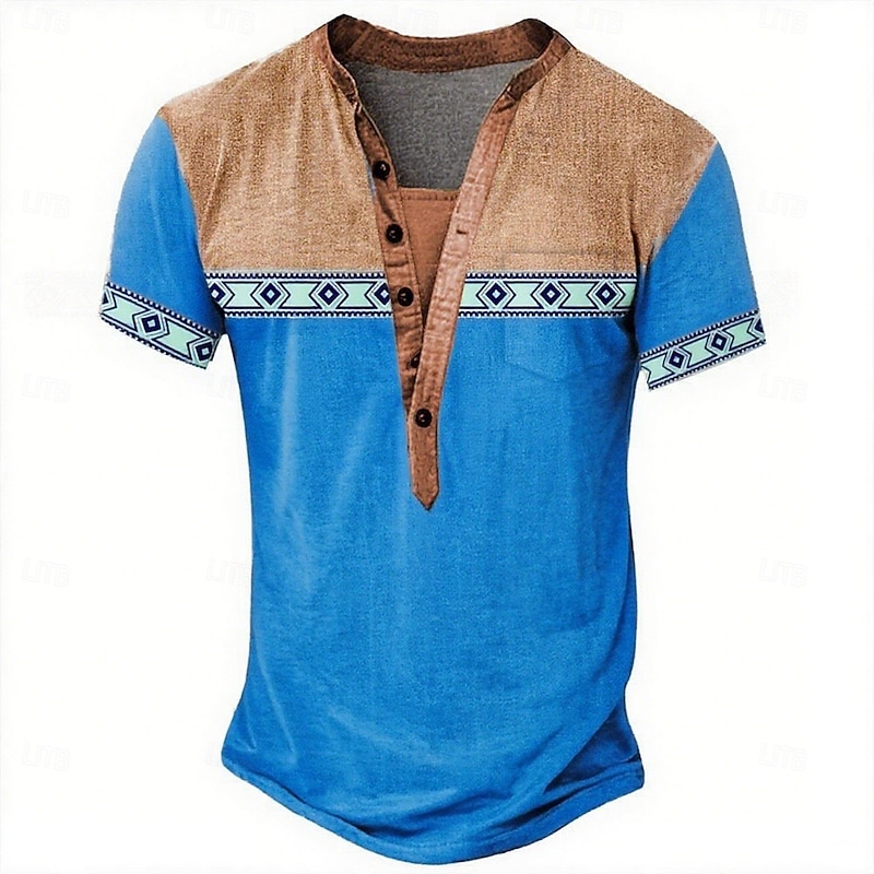 Men's Tribal Ethnic T Shirt Henley Shirt Tee Short Sleeve Designer Basic Ethnic Outdoor Casual Daily Summer Light Green Light Blue Henley Henley T-Shirt2