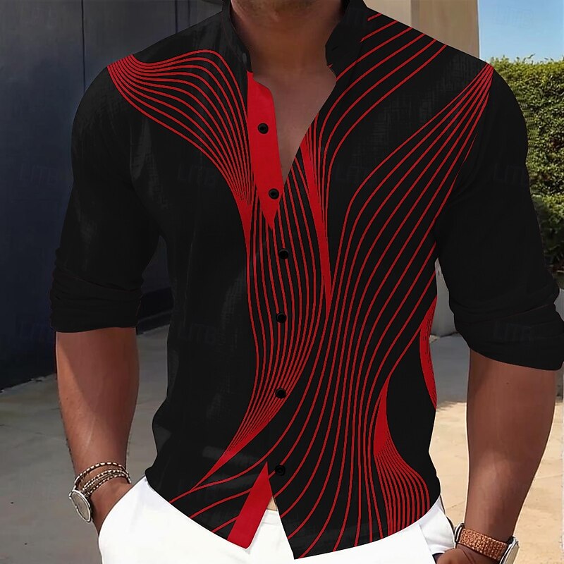 Men's Geometric Gradient Line Shirt Button Up Shirt Stand Collar Shirt Long Sleeve Casual Outdoor Vacation Daily Spring Fall Mandarin Collar Band Collar 3D Print Linen Like Shirt Blue Black-Red2