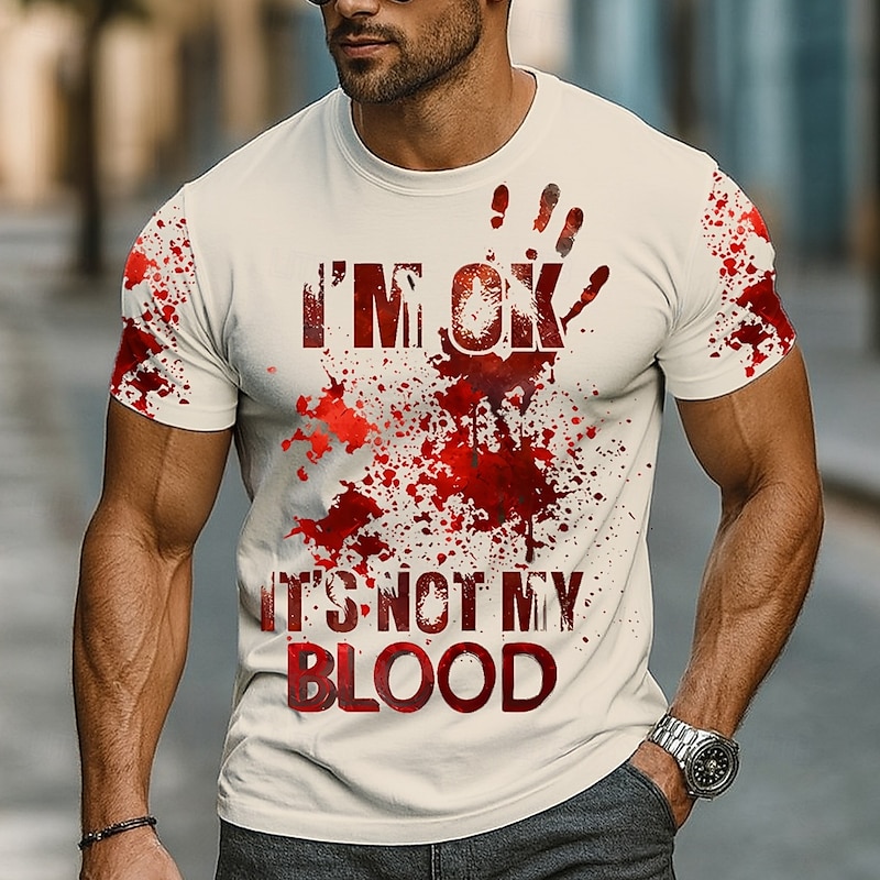 Halloween Men's Blood Splatter Blood stains T Shirt Short Sleeve T shirt 3D Print Crew Neck Shirt Exaggerated Designer Horror Party Street Casual Black White Khaki Summer Spring Clothing Apparel S M