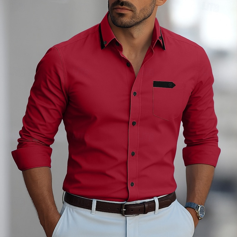 Men's Shirt Dress Shirt Plain Formal Wedding Wine Blue Green khaki Long Sleeve Turndown Summer Spring Clothing Apparel Patchwork