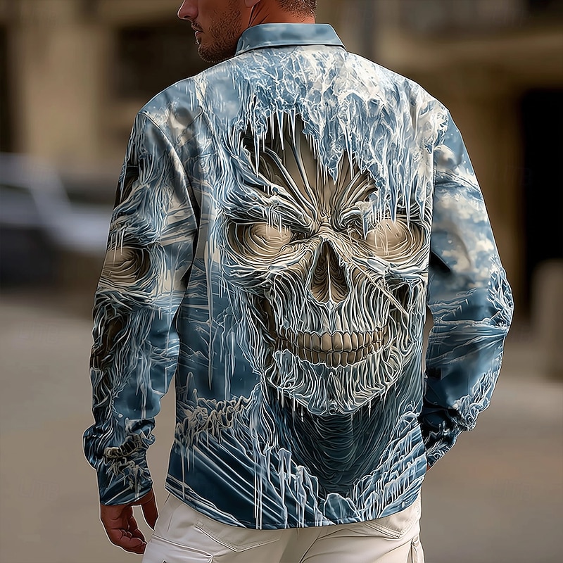 Halloween Men's Skull Frozen Shirt Button Up Shirt Long Sleeve Dark Gothic Style Holiday Streetwear Spring Fall Turndown 3D Print Collared Shirts Blue