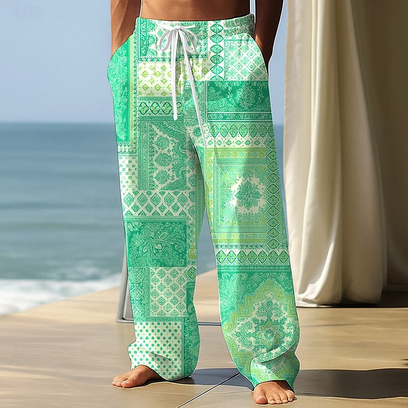 Men's Ethnic Toile de Jouy Trousers Baggy Pants Casual Pants Mid Waist Vintage Retro Outdoor Vacation Home Elastic Drawstring Waist Linen-Like Pants with Pockets Spring Fall 3D Print Blue Purple Green2