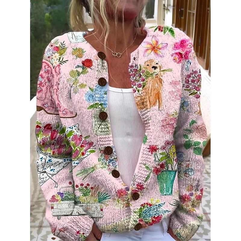 Women's Cardigan Sweater Knitted Ribbed Button Front Round Neck Long Sleeve Lightweight female Daily Animal Crew Neck Buttons Print Long Tops Knit Outdoor Weekend Pink Fall Winter