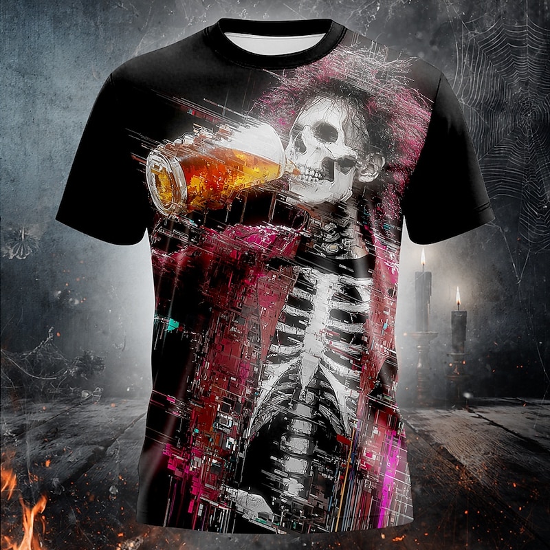 Halloween Men's Optical Illusion 3D Skeleton T Shirt Short Sleeve T shirt 3D Print Crew Neck Shirt Exaggerated Designer Horror Party Holiday Club Black Summer Spring Clothing Apparel S M L XL XXL XXXL